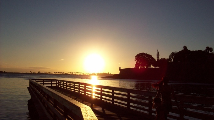 sunset, sea, pier
