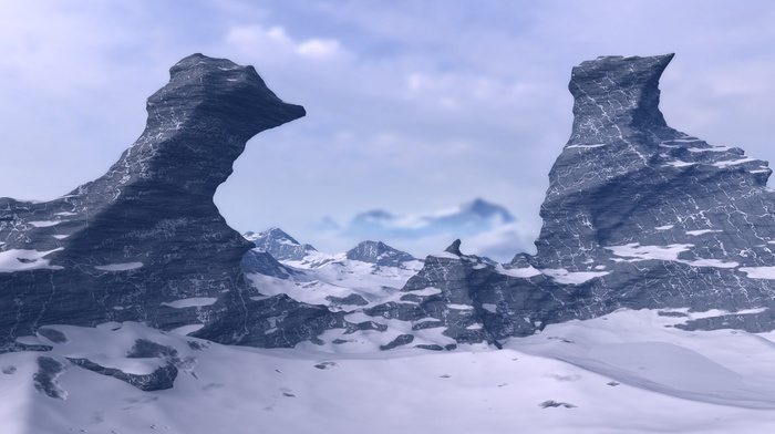 snow, rock, multiple display, sky, mountains