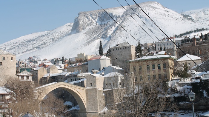 winter, river, neretva, Ottoman, snow, Ottoman Empire, old bridge, Mosque, Bosnia and Herzegovina, Mostar