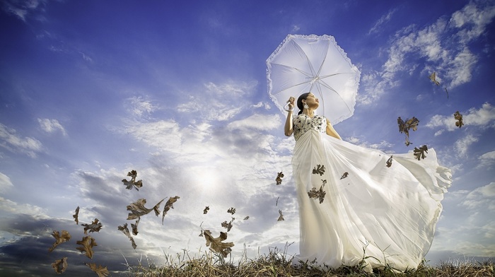 umbrella, girl, leaves, model