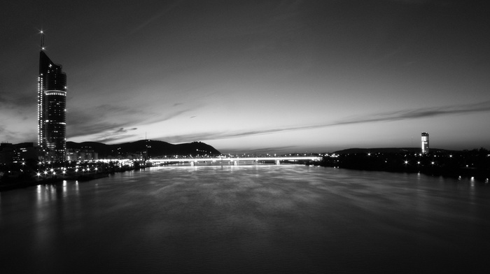 Vienna, river, cityscape, bridge, photography, urban, monochrome