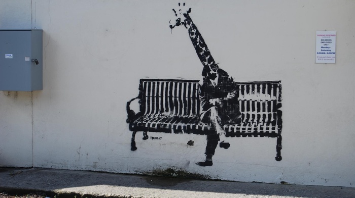 bench, artwork, street art, graffiti, legs, Banksy, sitting, wall, giraffes, animals, shadow