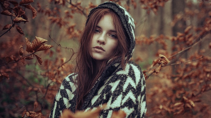 girl, redhead, branch, nature, forest, fall, hoods, open mouth, sweater, looking at viewer, trees, girl outdoors, long hair, depth of field, model, freckles, leaves