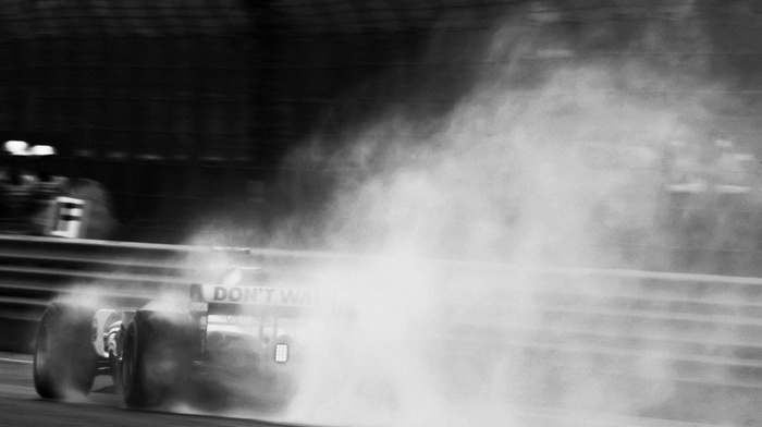 monochrome, photography, rain, race tracks, Formula 1