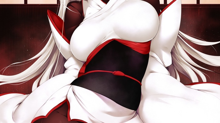collars, torn clothes, white hair, cleavage, Rogia, kneeling, thigh, highs, tied down