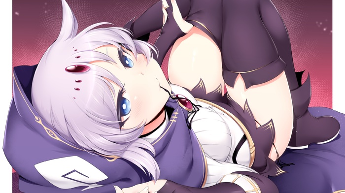 white hair, submission, collars, Rogia, thigh, highs, cleavage, lying down, tied down, kneeling, torn clothes