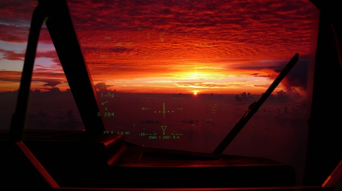 Sun, vehicle, cockpit, aircraft, clouds, hud, sunset