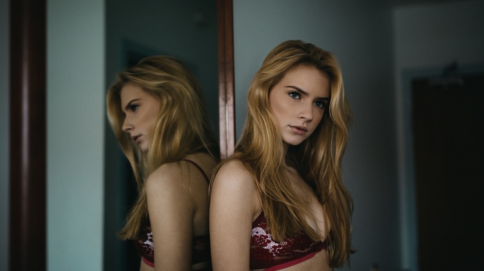 model, portrait, girl, bra, looking away, reflection, blonde, Jesse Herzog, mirror