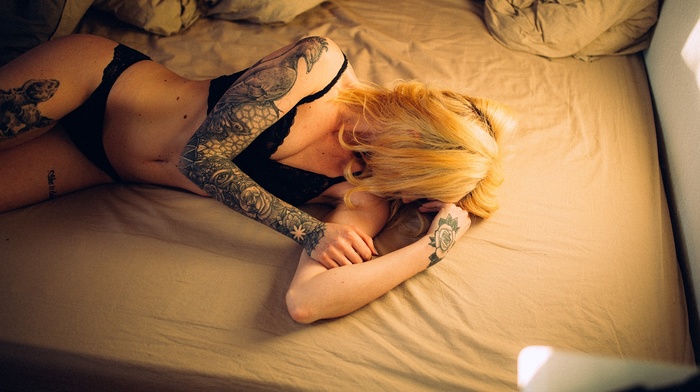 model, tattoo, black lingerie, girl, Andr Josselin, blonde, in bed