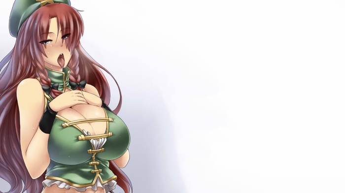 sweat, Hong Meiling, blue eyes, berets, open mouth, blushing, braids, touhou, tongues, hand on  boobs, big boobs, cleavage, long hair