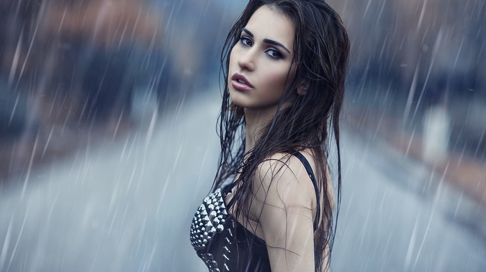 girl outdoors, Alessandro Di Cicco, looking at viewer, rain, wet, portrait, model, girl