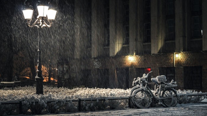 city, bicycle, snow, photography
