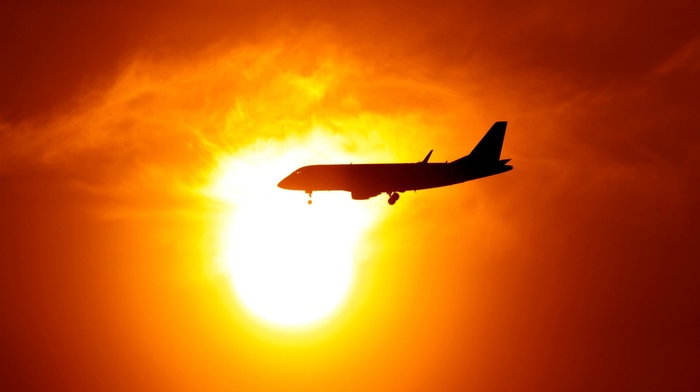 Sun, aircraft, sunset, clouds, silhouette, sky, photography, airplane