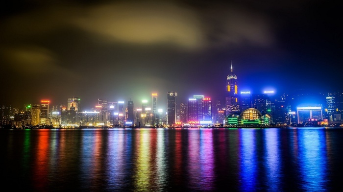 Hong Kong, city, reflection, photography, water, sea, cityscape, clouds, street light, building, urban, city lights, night, lights