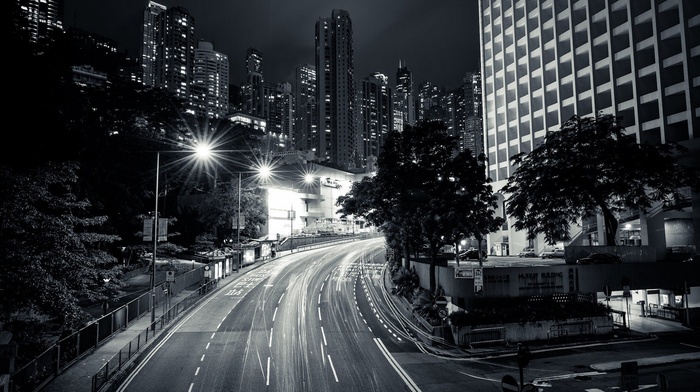 night, urban, building, city lights, architecture, city, lights, Hong Kong, street light, monochrome, photography, street