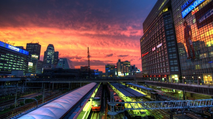urban, street light, lights, street, city lights, train station, city, railway, Tokyo, photography, cityscape, building, dusk