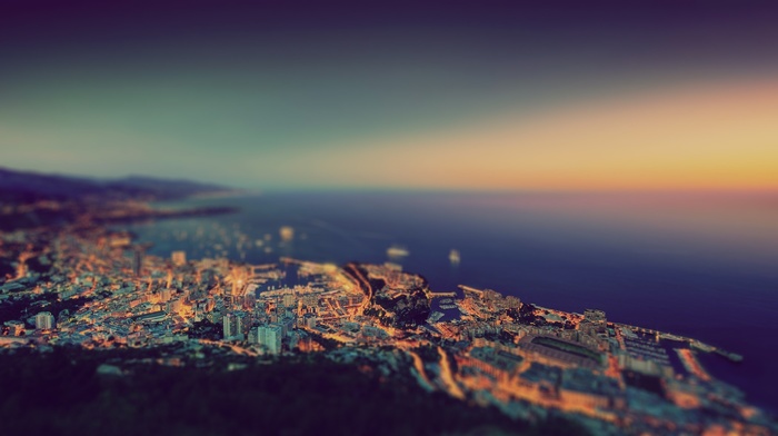 tilt shift, water, Monaco, urban, city, photography, cityscape, sea, coast
