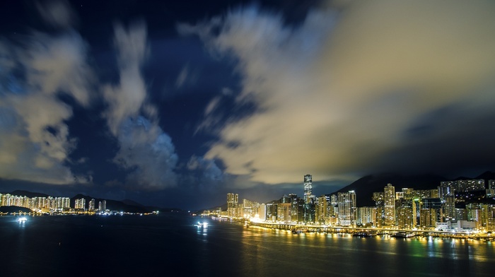 clouds, Hong Kong, building, lights, cityscape, night, photography, urban, city, road