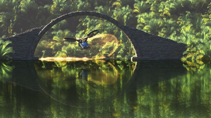 propeller, nature, stones, flying, water, vertical, bridge, palm trees, circle, helicopters, digital art, reflection, lake, forest