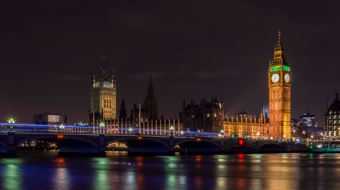 city lights, Westminster, London, night, Big Ben, long exposure, River Thames, city