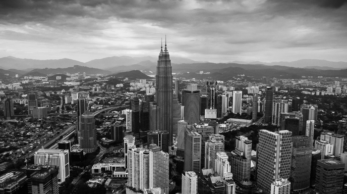 Petronas Towers, city, aerial view, Kuala Lumpur, monochrome