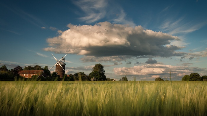 landscape, nature, clouds, windmill
