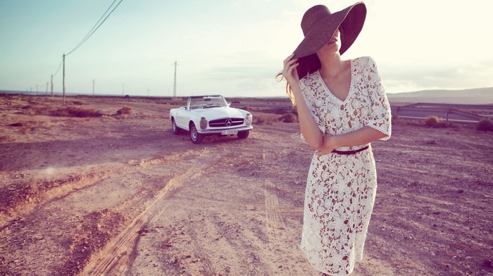 Vintage car, Mercedes, benz, car, photography, model, landscape, see, through clothing, girl