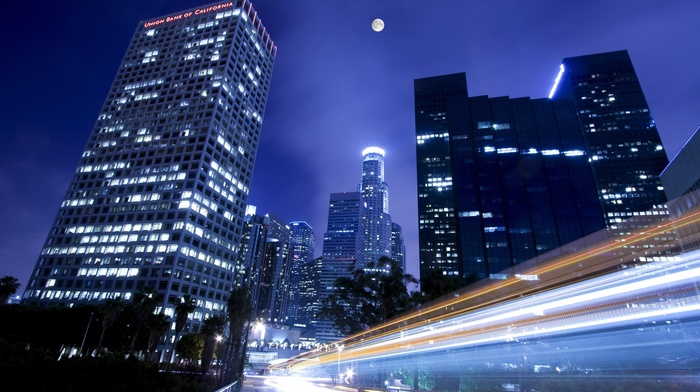 road, moon, los angeles, building, skyscraper, long exposure, urban, city, photography, night, lights, street