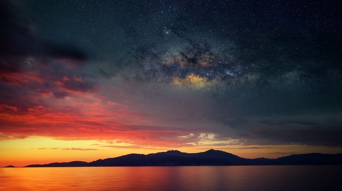 stars, Corsica, calm, galaxy, water, island, nature, sky, evening, Milky Way, long exposure, sea, landscape