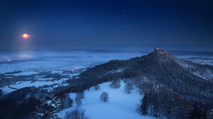 Germany, snow, moonlight, moon, landscape, castle, forest, valley, nature, winter, starry night