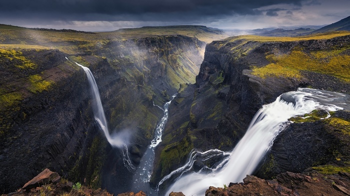 Iceland, waterfall, canyon, landscape, dark, river, clouds, nature