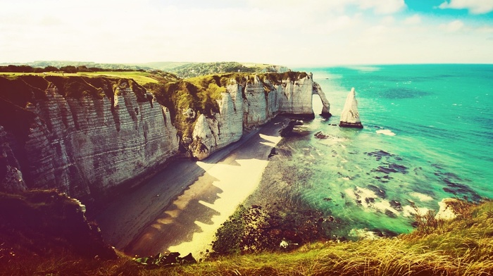 beach, sea, sky, water, tretat, nature, France, coast, photography, summer, cliff