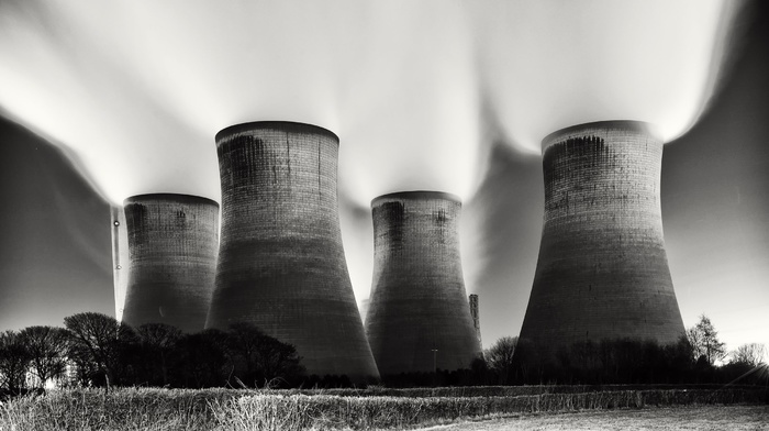 cooling towers, power plant, industrial, technology, monochrome, photography