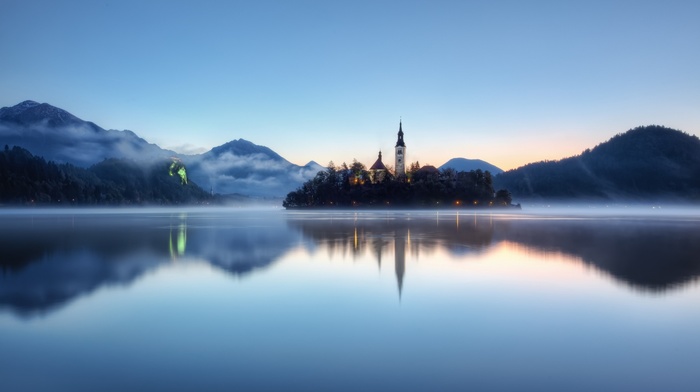 landscape, island, water, lake, nature, Slovenia, church, photography