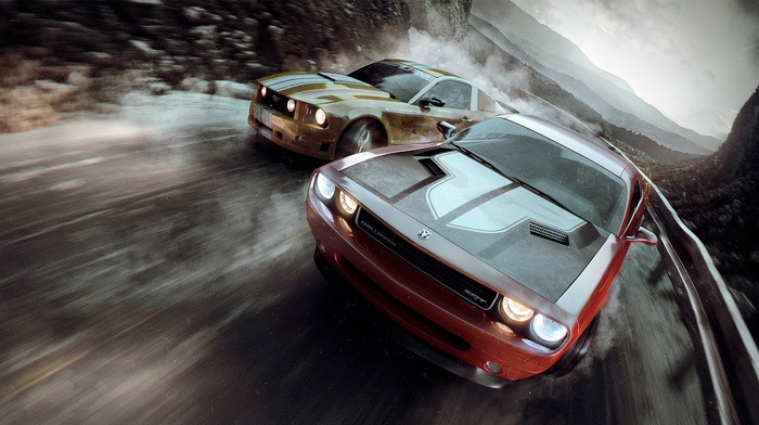 race cars, Dodge Challenger, Ford Mustang, road, car