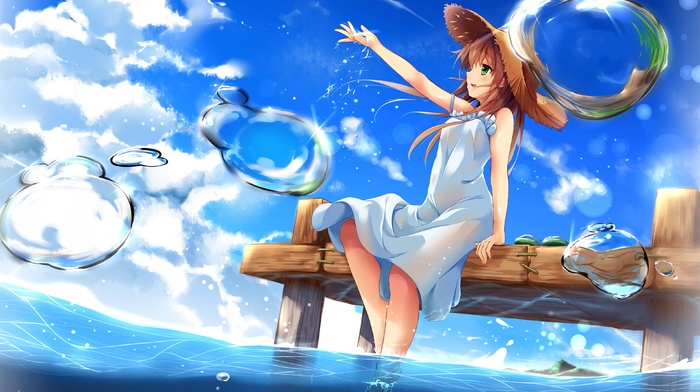 anime girls, straw hat, water, dress, original characters, anime, pier