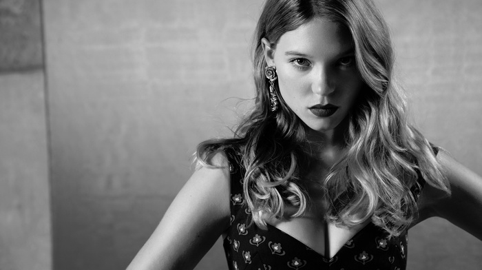 cleavage, monochrome, celebrity, looking at viewer, auburn hair, blonde, actress, girl, La Seydoux