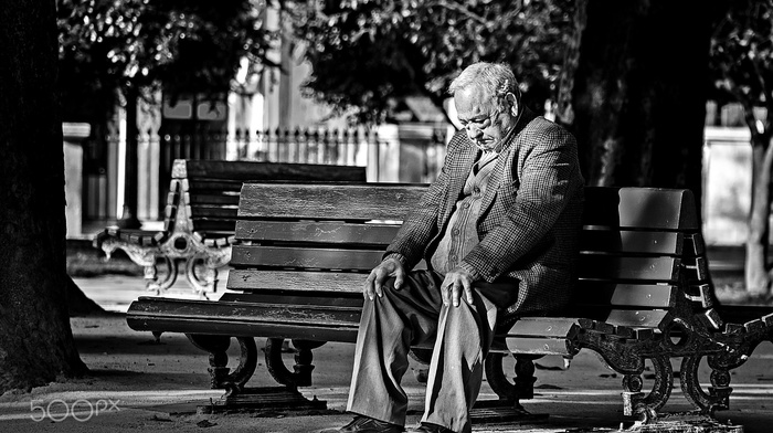 men, bench, old people, monochrome, photography, people, sitting, 500px, city
