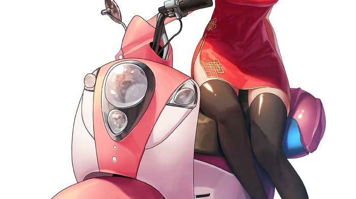 stockings, helmet, white background, redhead, simple background, cleavage, anime, anime girls, Chinese dress, short hair, scooters