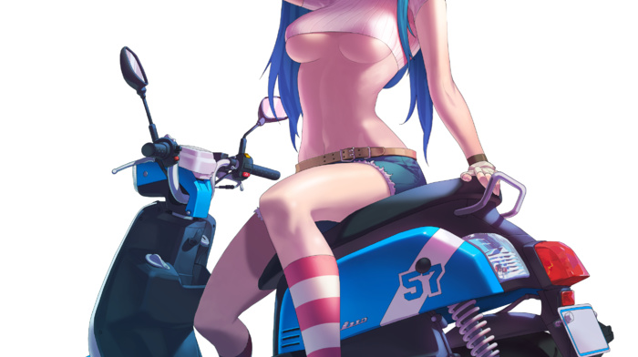 short shorts, tank top, simple background, white background, underboob, scooters, anime, long hair, helmet, anime girls, knee, highs, original characters, blue hair, boobs