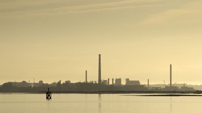 photography, reflection, chimneys, technology, industrial, water, factories, sea
