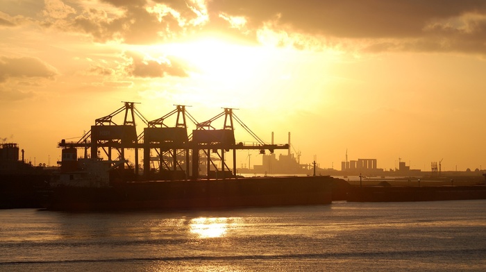 industrial, sea, harbor, cranes machine, ship, ports, sunset, photography, water