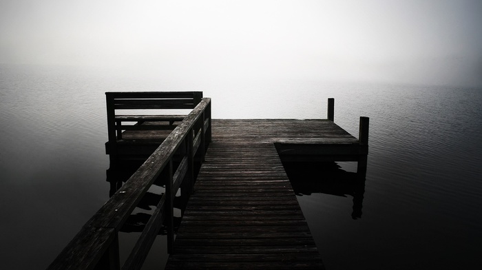 pier, mist, water, monochrome, photography