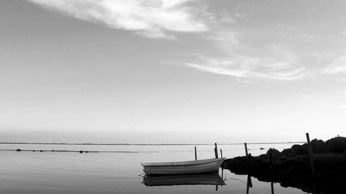 reflection, sea, boat, monochrome, photography, water, coast