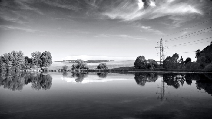 monochrome, water, lake, plants, landscape, trees, nature, power lines, photography, reflection