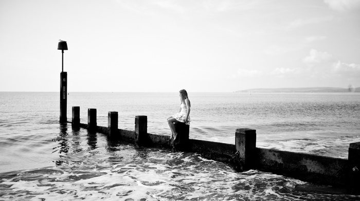 girl, sea, monochrome, photography, beach, water