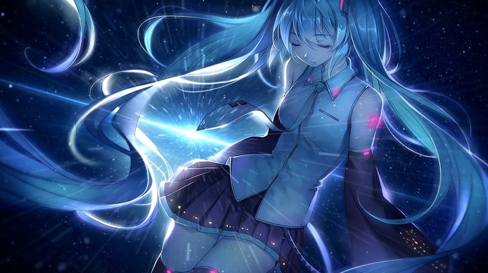 Vocaloid, thigh, highs, skirt, anime girls, anime, closed eyes, twintails, Hatsune Miku