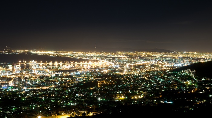 lights, photography, cityscape, Cape Town, urban, South Africa, city, night, sea, water