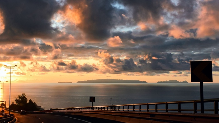 road, water, sunset, landscape, highway, coast, sea, photography