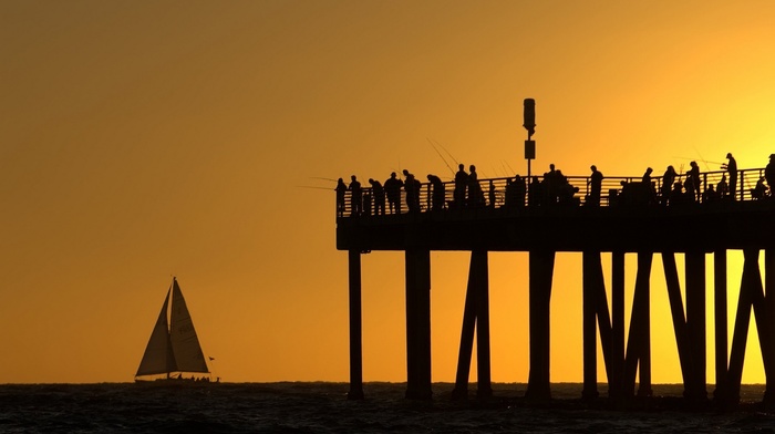 sunset, fisherman, sailing ship, photography, sea, pier, landscape, water